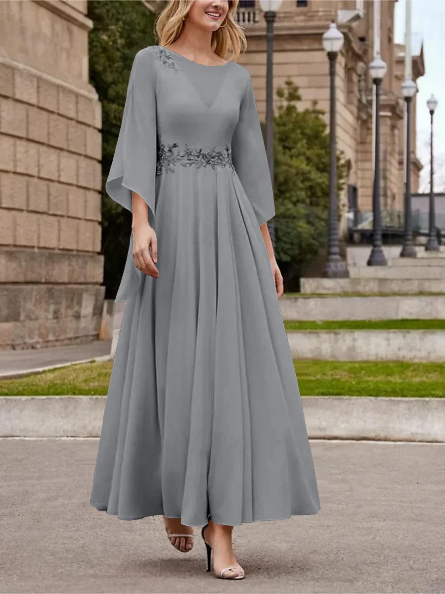 A-Line/Princess Jewel Neck 3/4 Length Sleeve Ankle-Length Mother of the Bride Dresses with Sequins - QUGEX