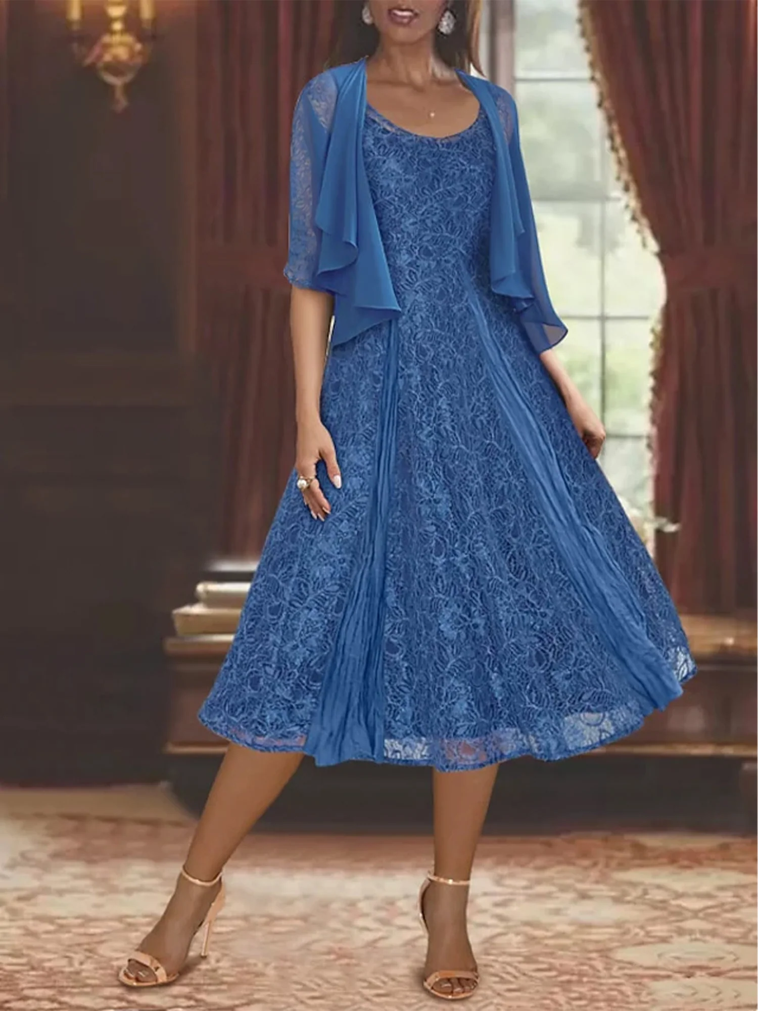 A-Line/Princess Scoop Half Sleeves Tea-Length Mother of the Bride Dresses with Appliques & Wrap - QUGEX