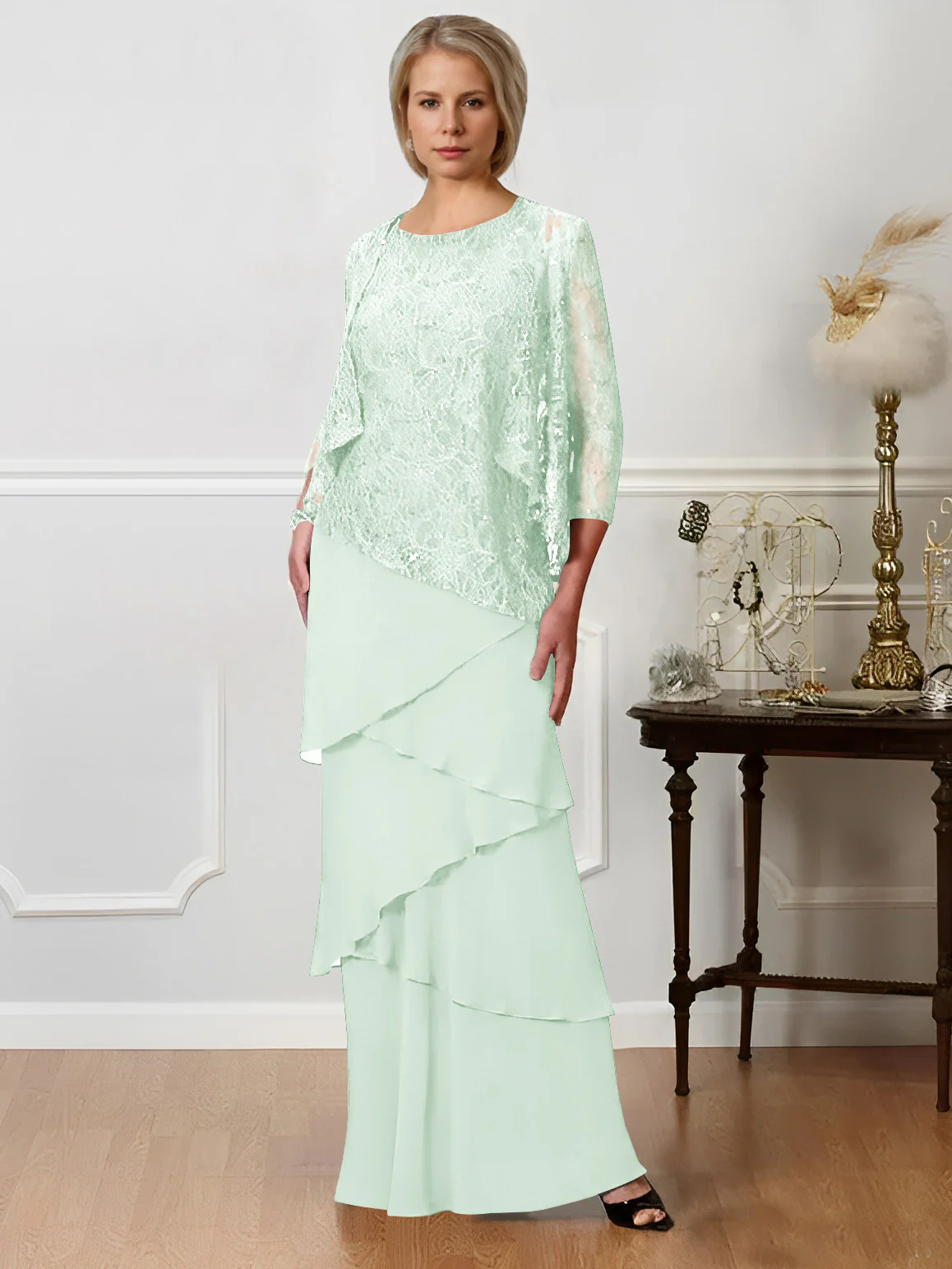 A-Line/Princess Jewel Neck Floor-Length Mother of the Bride Dresses - QUGEX