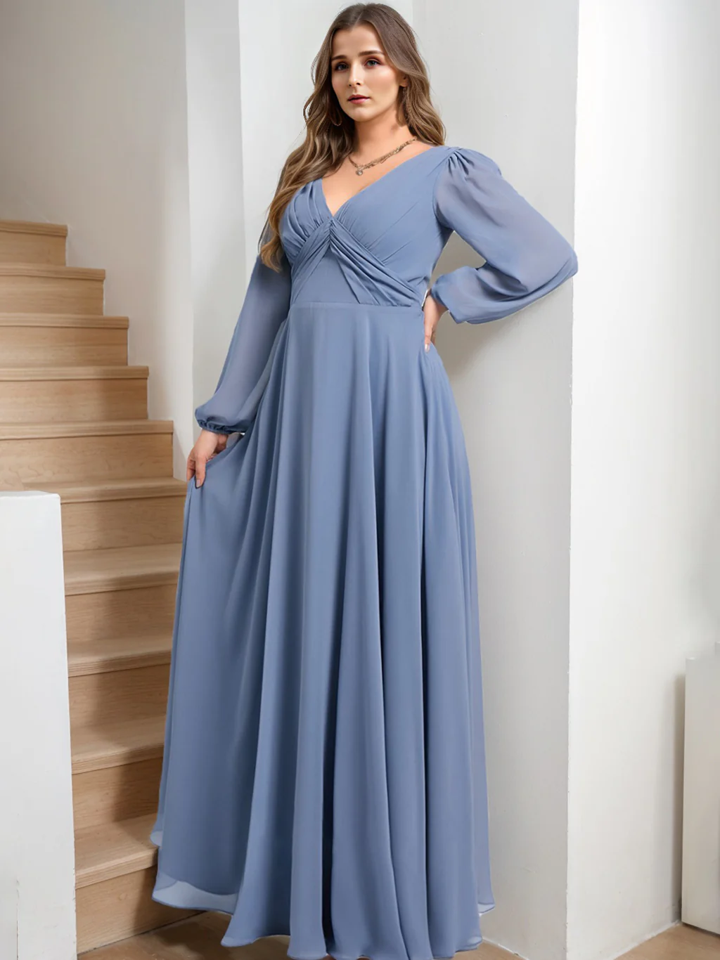 A-Line/Princess V-Neck Long Sleeves Floor-Length Chiffon Plus Size Bridesmaid Dresses with Ruffles - QUGEX