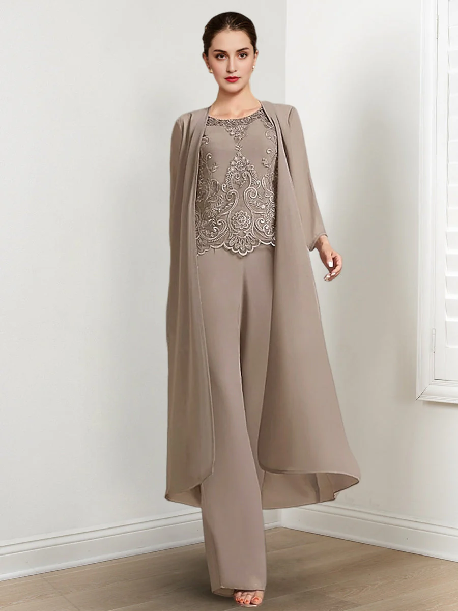 Chiffon Round Neck Floor-Length Mother Of The Bride Pantsuits With Jacket & Applique - QUGEX