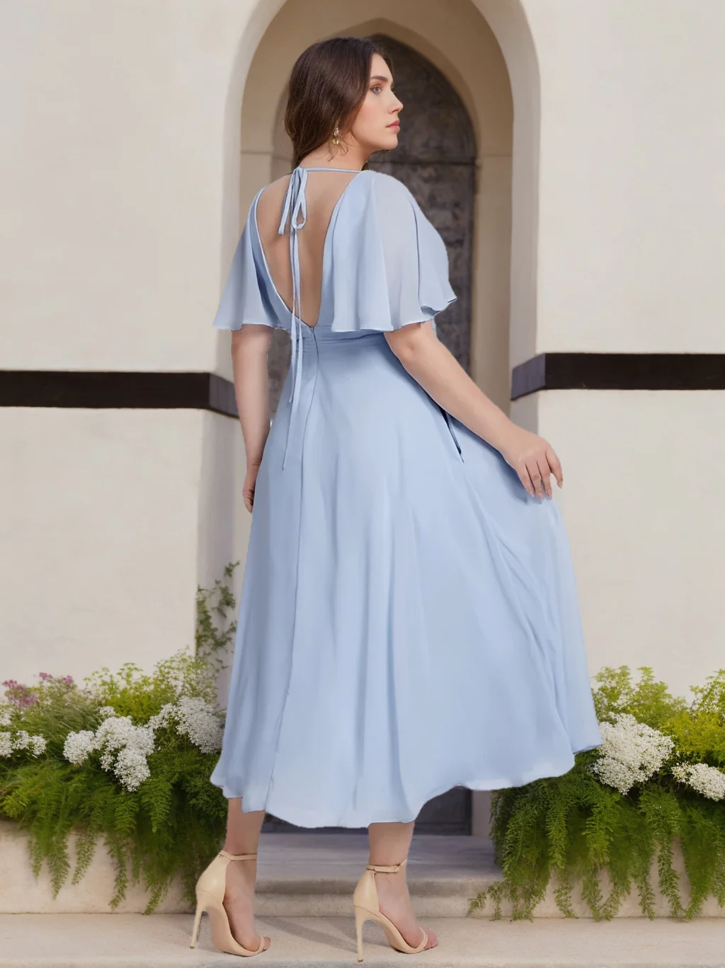 A-Line/Princess V-Neck Short Sleeves Tea-Length Plus Size Bridesmaid Dresses with Ruffles - QUGEX