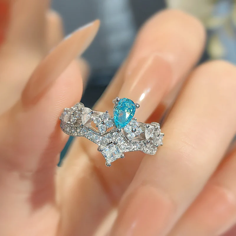 High-end Blue Rhinestone Crown Adjustable Ring - QUGEX