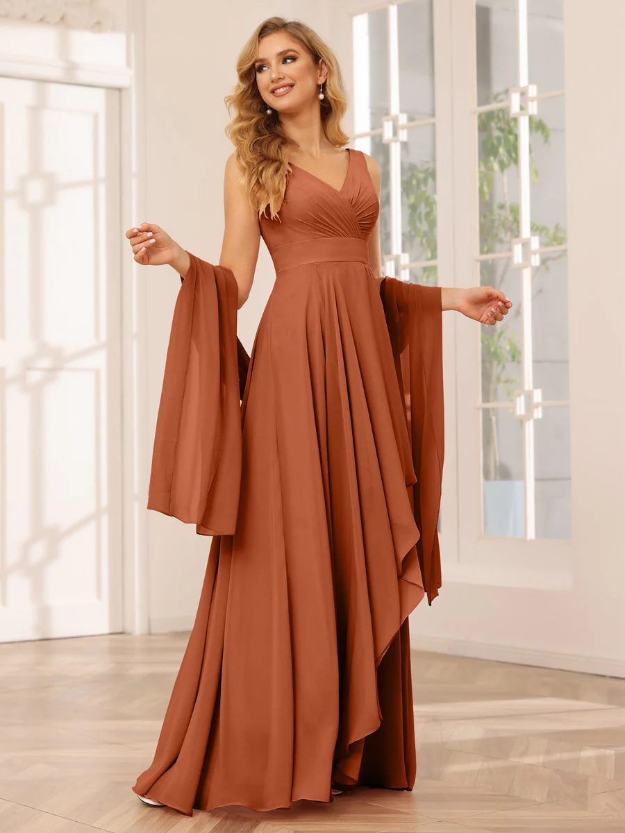 A-Line/Princess V-Neck Sleeveless Floor-Length Asymmetrical Bridesmaid Dresses with Ruffles - QUGEX