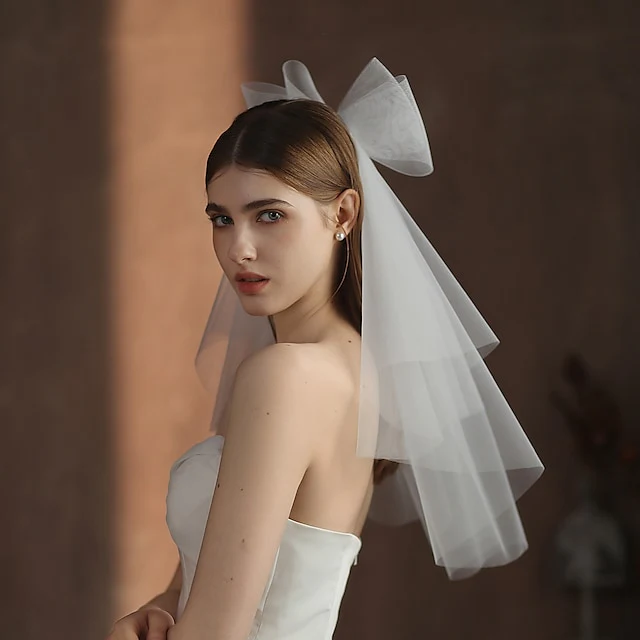 Two-tier Cute Wedding Veils Elbow Veils with Pure Color Tulle - QUGEX