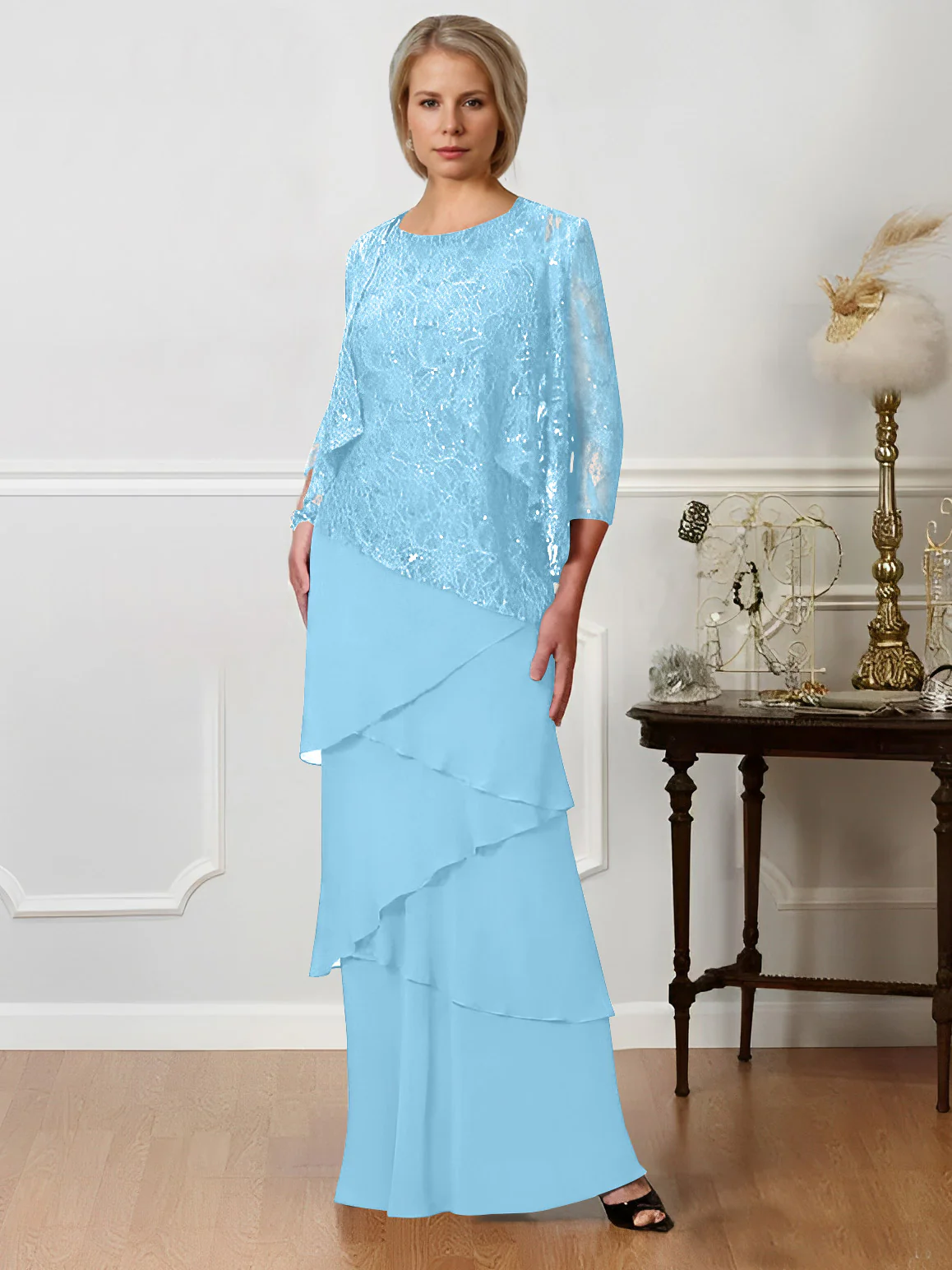 A-Line/Princess Jewel Neck Floor-Length Mother of the Bride Dresses - QUGEX