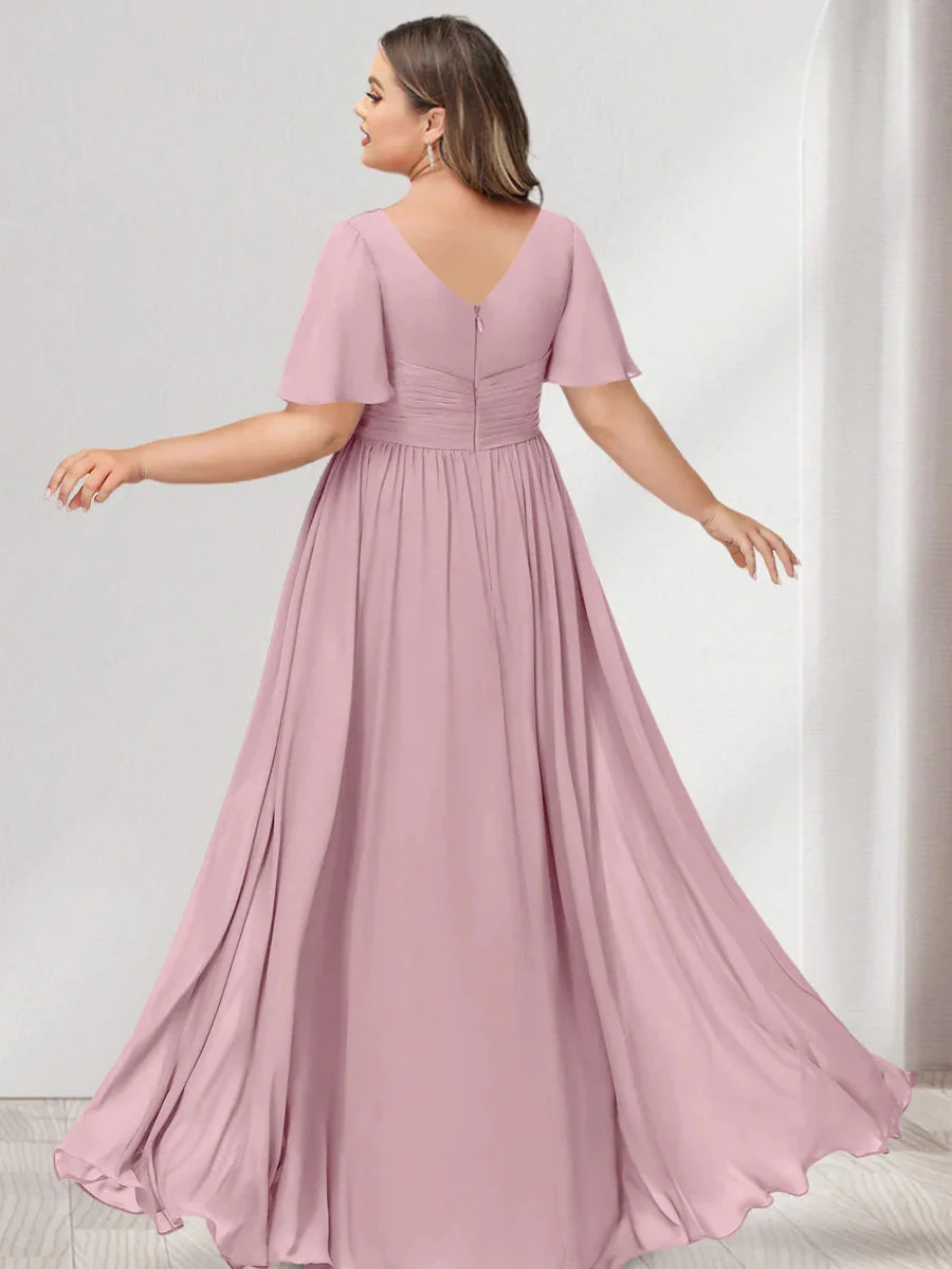 A-Line/Princess V-Neck Half Sleeves Chiffon Plus Size Bridesmaid Dresses with Pockets - QUGEX