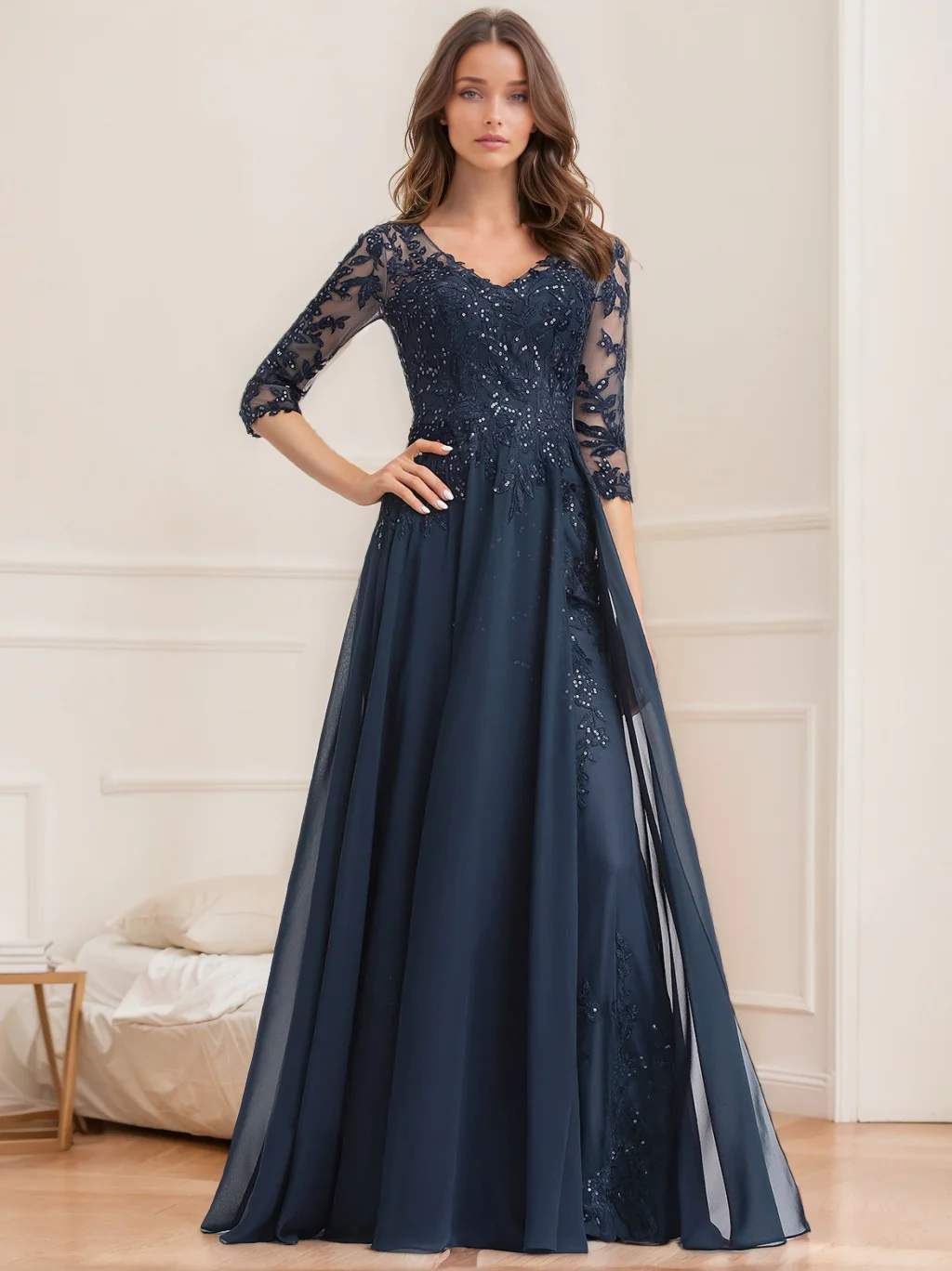 A-Line/Princess V-Neck Half Sleeves Floor-Length Mother of the Bride Dresses with Sequins - QUGEX
