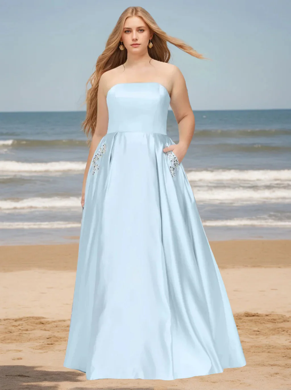 A-Line/Princess Strapless Neck Sleeveless Floor-Length Chiffon Plus Size Bridesmaid Dress - QUGEX