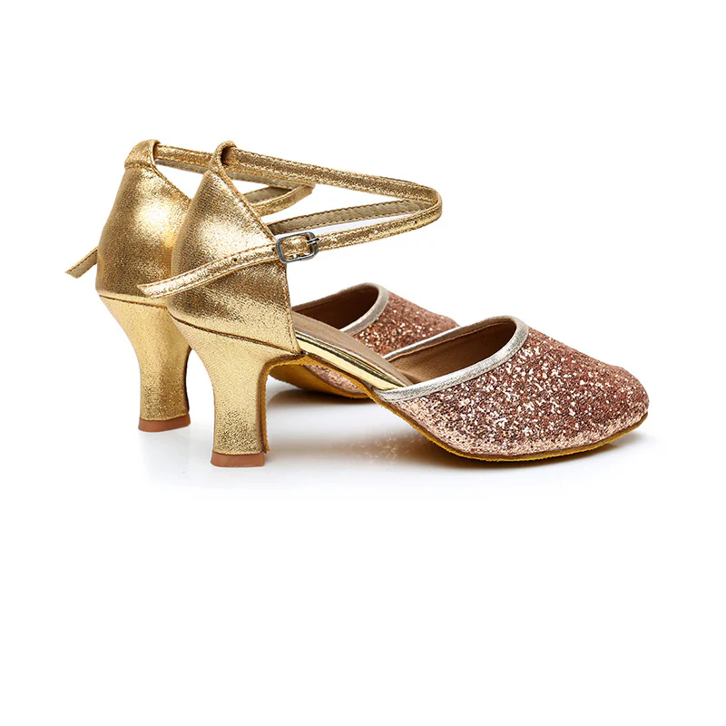 Women's Dancewear Shoes Ankle Strap Heel Round Toe Glitter Latin Shoes - QUGEX