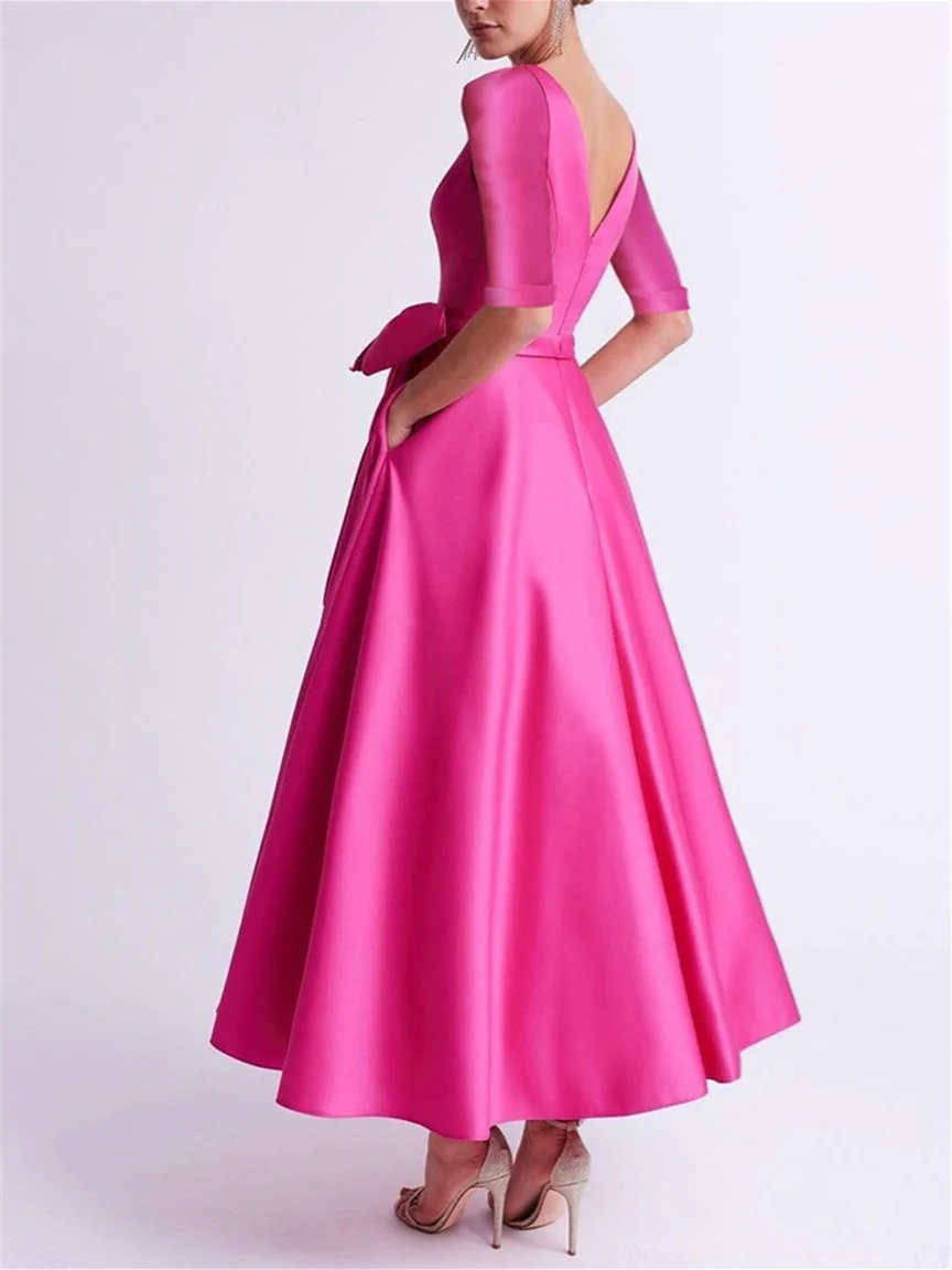 A-Line/Princess V Neck 3/4 Length Sleeve Tea Length Satin Mother of the Bride Dresses with Bow(s) - QUGEX