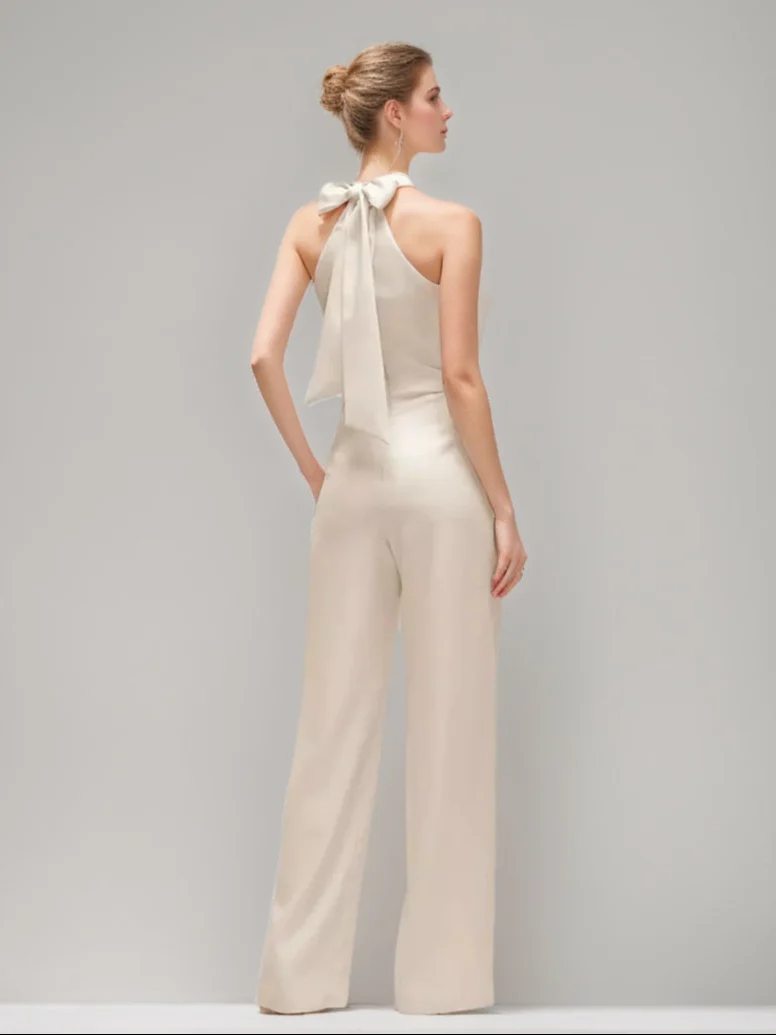 Criss-cross Halter Ruched Sleeveless Wedding Guest Jumpsuit with Self-tie Bow & Pockets - QUGEX