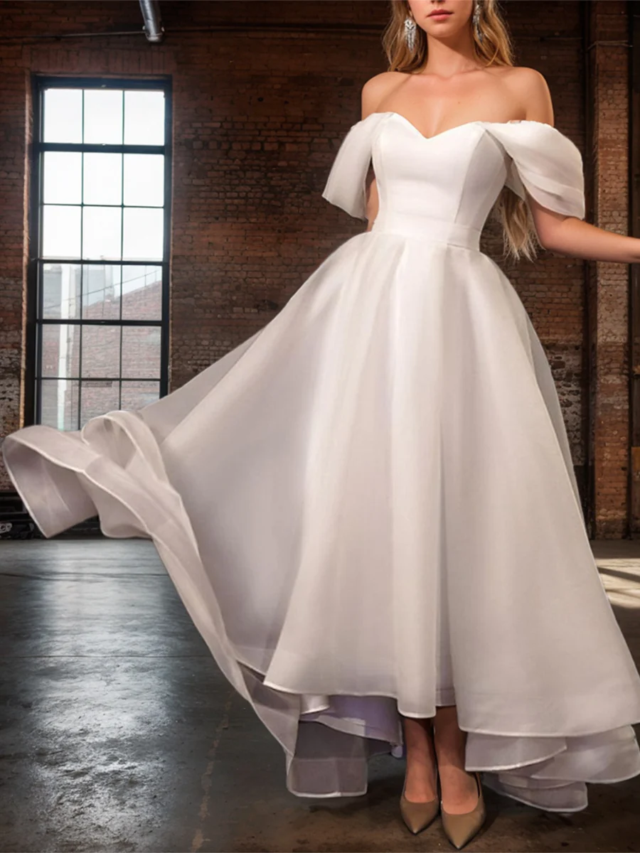 A-Line/Princess Off-the-Shoulder Sleeveless Asymmetrical Wedding Dress - QUGEX