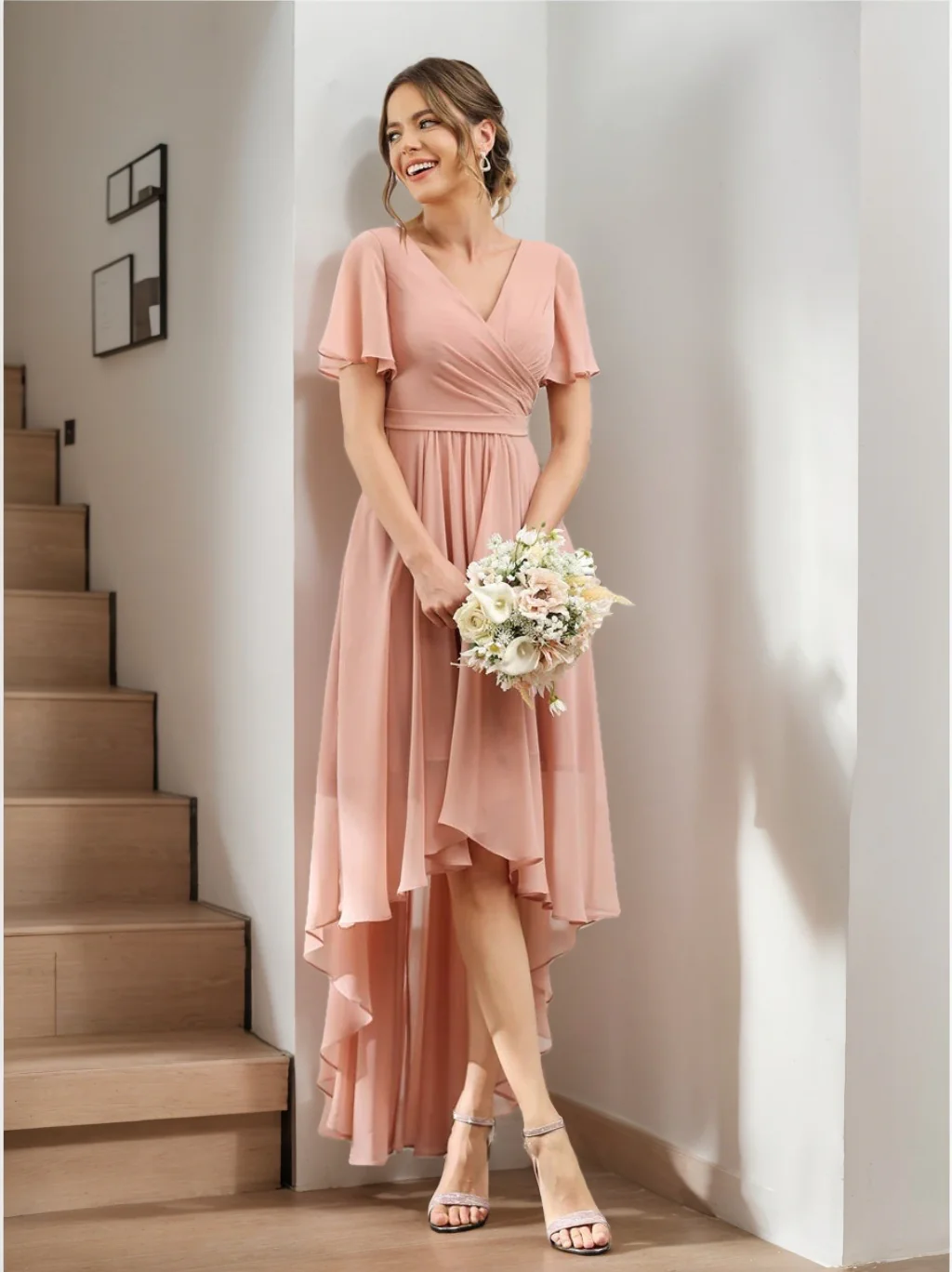 A-Line/Princess V-Neck Short Sleeves Asymmetrical Chiffon Bridesmaid Dresses with Ruched - QUGEX