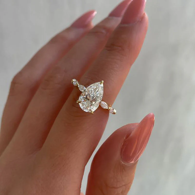 Yellow Gold Fancy Pear Cut Women's Ring Valentine's Day Engagement Wedding Jewelry - QUGEX