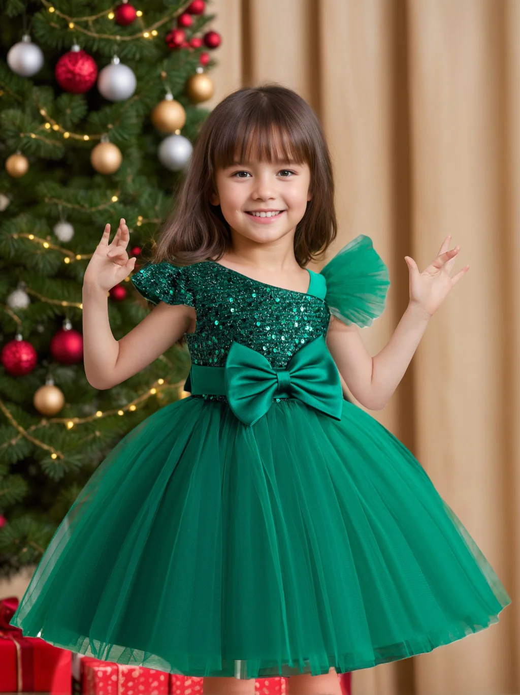 Ball-Gown One-Shoulder Short Sleeves Knee-Length Flower Girl Dress with Lace,Sequins & Bowknot - QUGEX