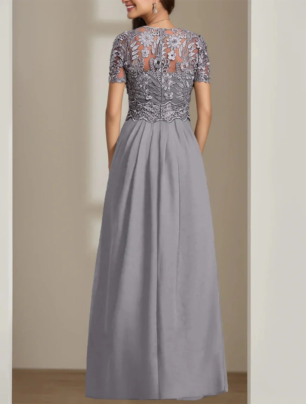 Stretch Chiffon Round Neck Short Sleeves Floor Length Mother of the Bride Pantsuits with Appliques Lace - QUGEX