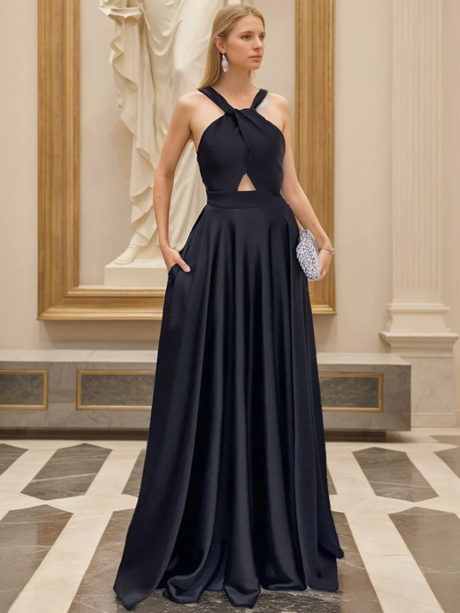 A-Line/Princess Halter Sleeveless Floor Length Sexy Bridesmaid Dresses with Opened Back - QUGEX