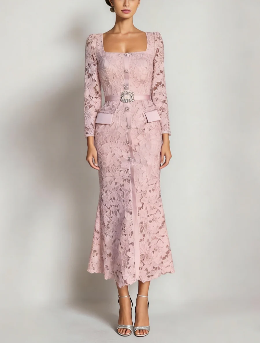 Sheath/Column Lace Long Sleeves Square Collar Mother of the Bride Dresses Ankle-Length - QUGEX