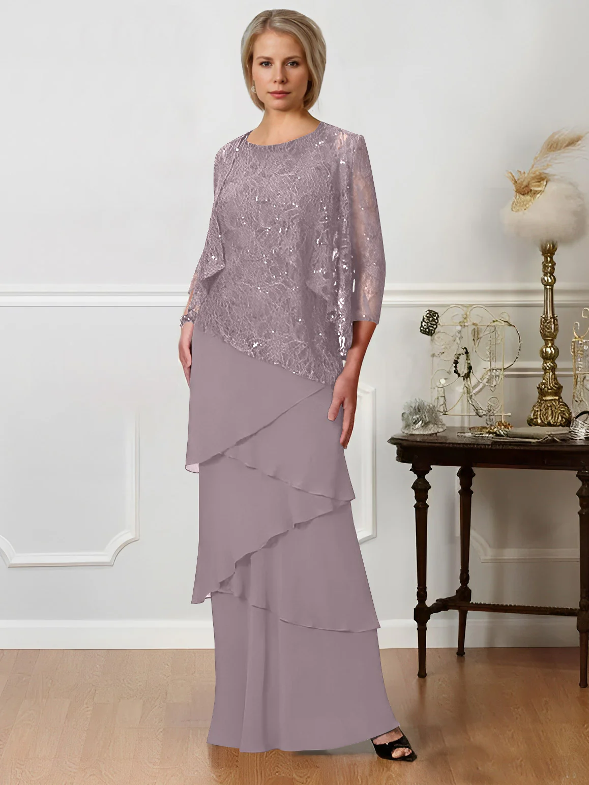 A-Line/Princess Jewel Neck Floor-Length Mother of the Bride Dresses - QUGEX