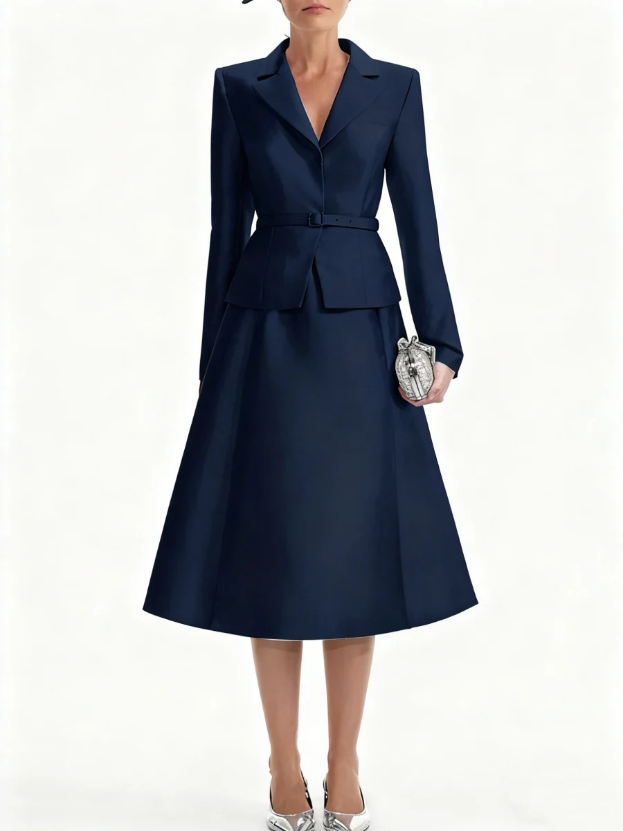 A-Line/Princess V-Neck Mother of Bride Dresss Blazer Long Sleeves Tea-Length Belt Satin - QUGEX