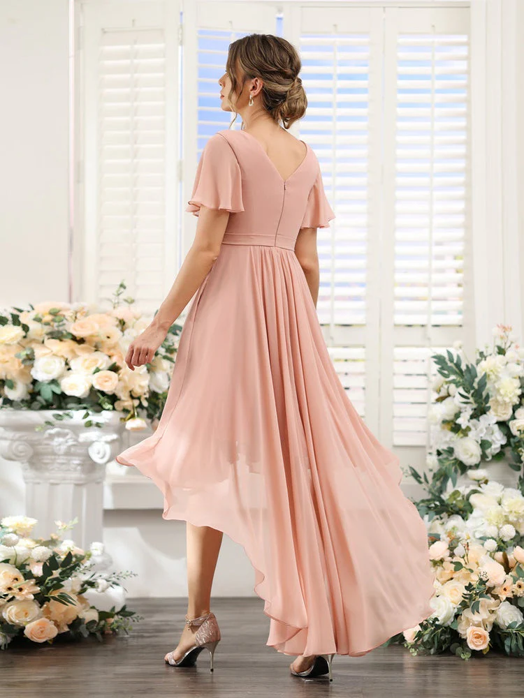 A-Line/Princess V-Neck Short Sleeves Asymmetrical Chiffon Bridesmaid Dresses with Ruched - QUGEX