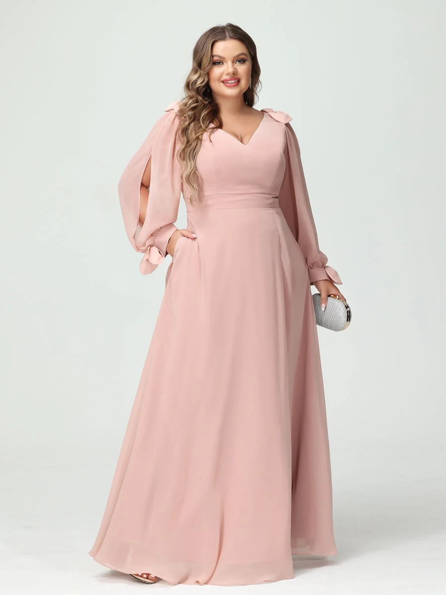 A-Line/Princess V-Neck Long Sleeves Plus Size Bridesmaid Dresses with Pockets & Split Side - QUGEX