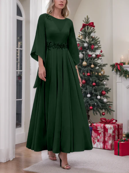 A-Line/Princess Jewel Neck 3/4 Length Sleeve Ankle-Length Mother of the Bride Dresses with Sequins - QUGEX