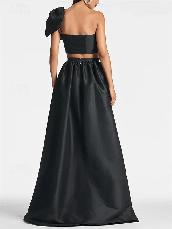 A-Line/Princess One Shoulder Floor Length Sleeveless  Wedding Guest Dresses  Satin with Tie Pocket Bow(s) - QUGEX