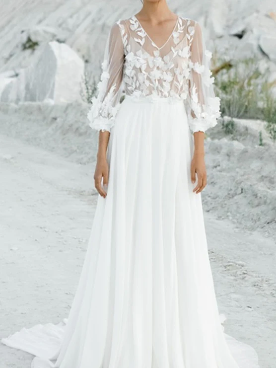 A-Line/Princess V-Neck Floor-Length Wedding Dress With Appliques - QUGEX