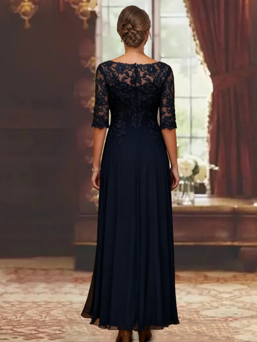 A-Line/Princess Chiffon Scoop Half Sleeves Mother of the Bride Dresses Lace Ankle-Length - QUGEX