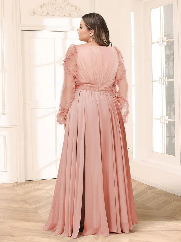 A-Line/Princess V-Neck Long Sleeves Chiffon Empire Plus Size Bridesmaid Dresses - QUGEX