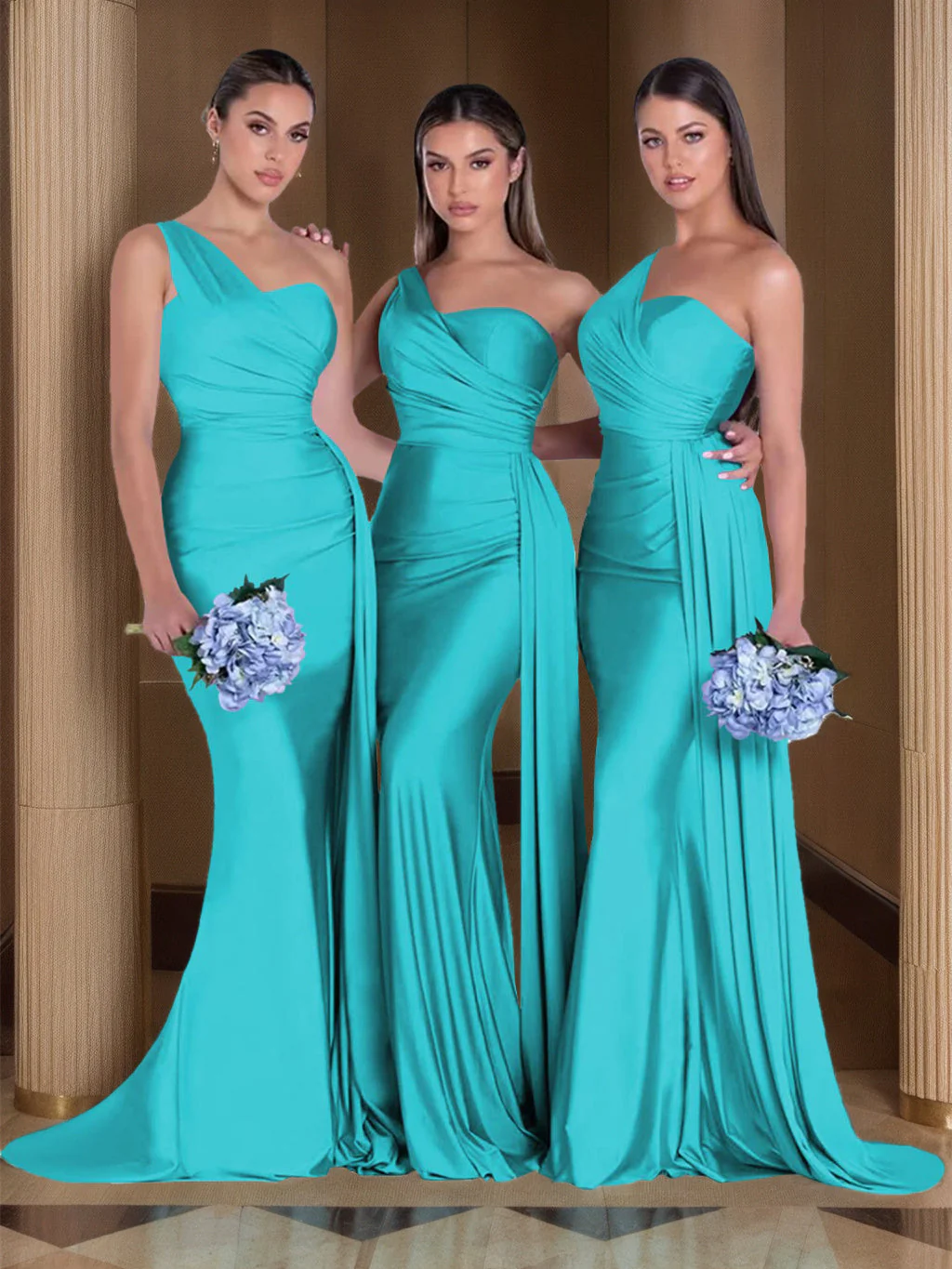 Mermaid/Trumpet Satin One-Shoulder Sleeveless Floor-Length Bridesmaid Dresses - QUGEX