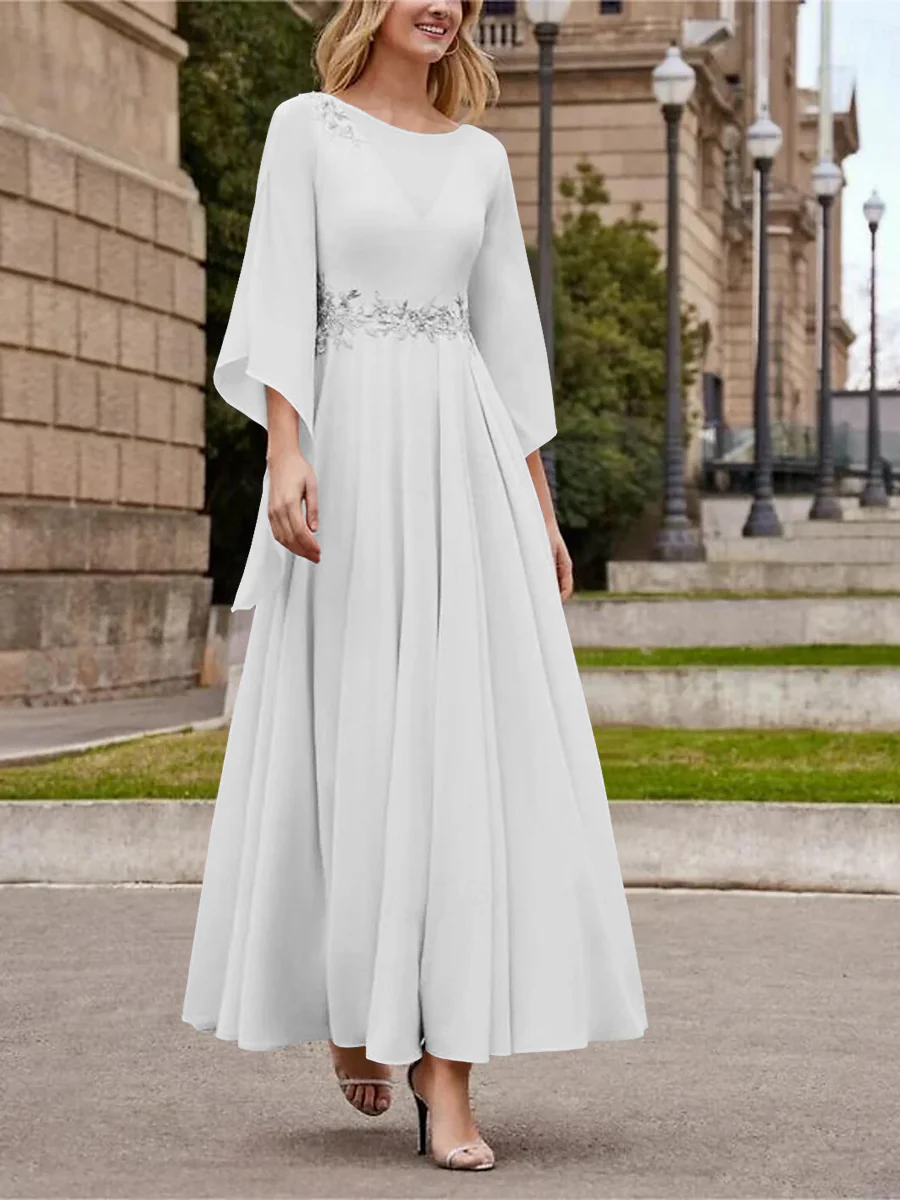 A-Line/Princess Jewel Neck 3/4 Length Sleeve Ankle-Length Mother of the Bride Dresses with Sequins - QUGEX
