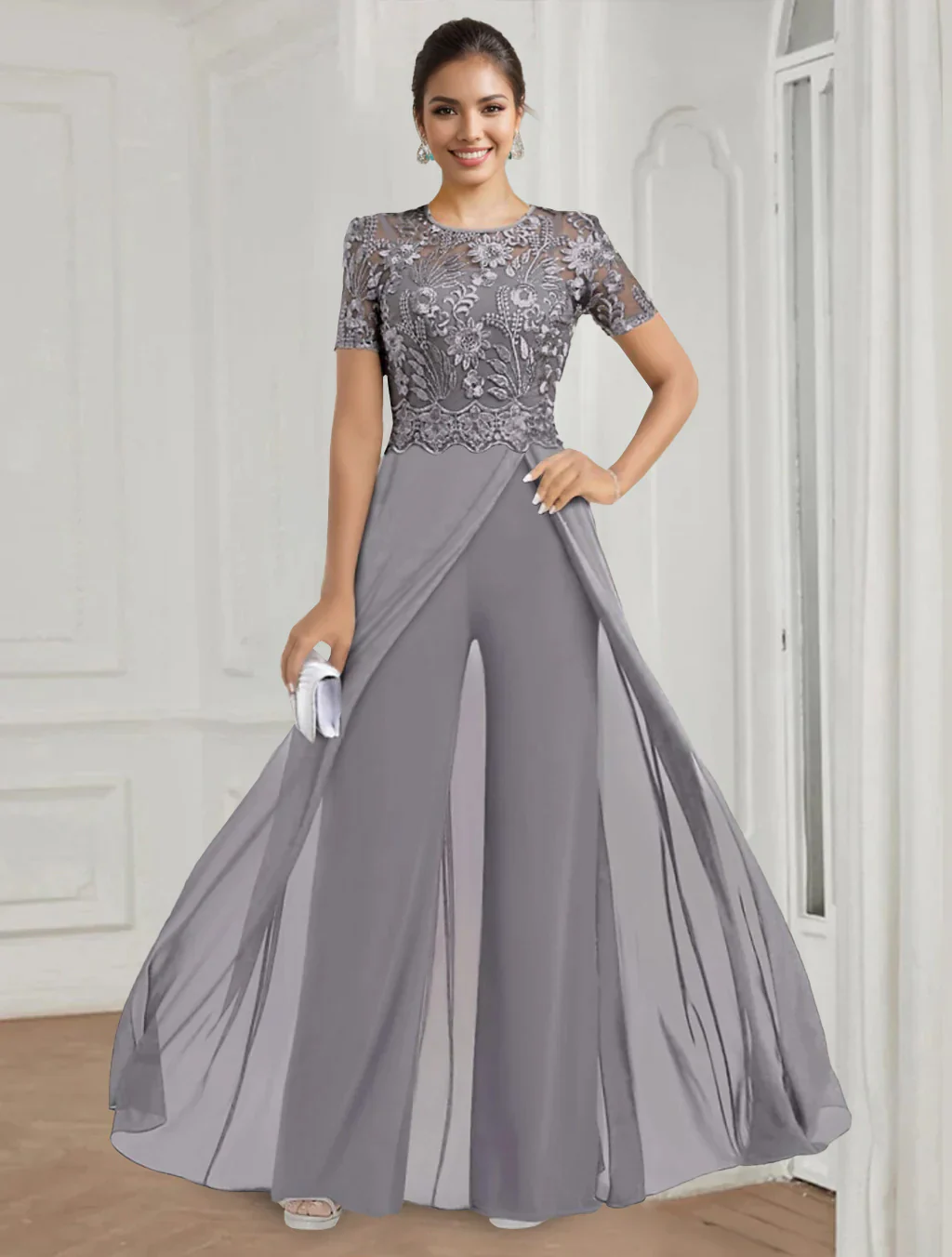 Stretch Chiffon Round Neck Short Sleeves Floor Length Mother of the Bride Pantsuits with Appliques Lace - QUGEX