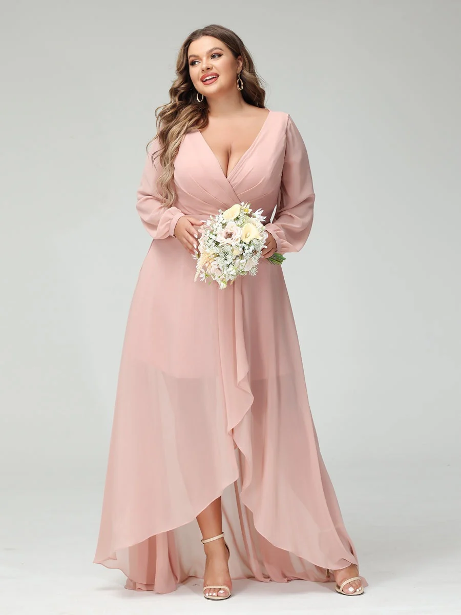 A-Line/Princess V-Neck Long Sleeves Asymmetrical Plus Size Bridesmaid Dresses with Pockets - QUGEX