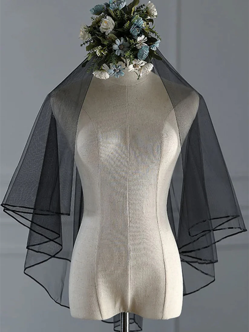 Two-tier Lace Wedding Veils Elbow Veils with Ribbon Edge - QUGEX