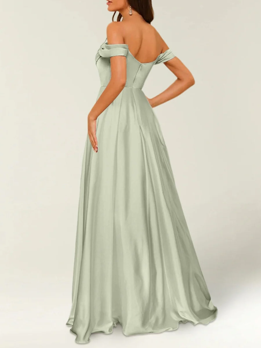 A-Line/Princess Satin Off-the-shoulder Sleeveless Floor-Length Bridesmaid Dresses - QUGEX