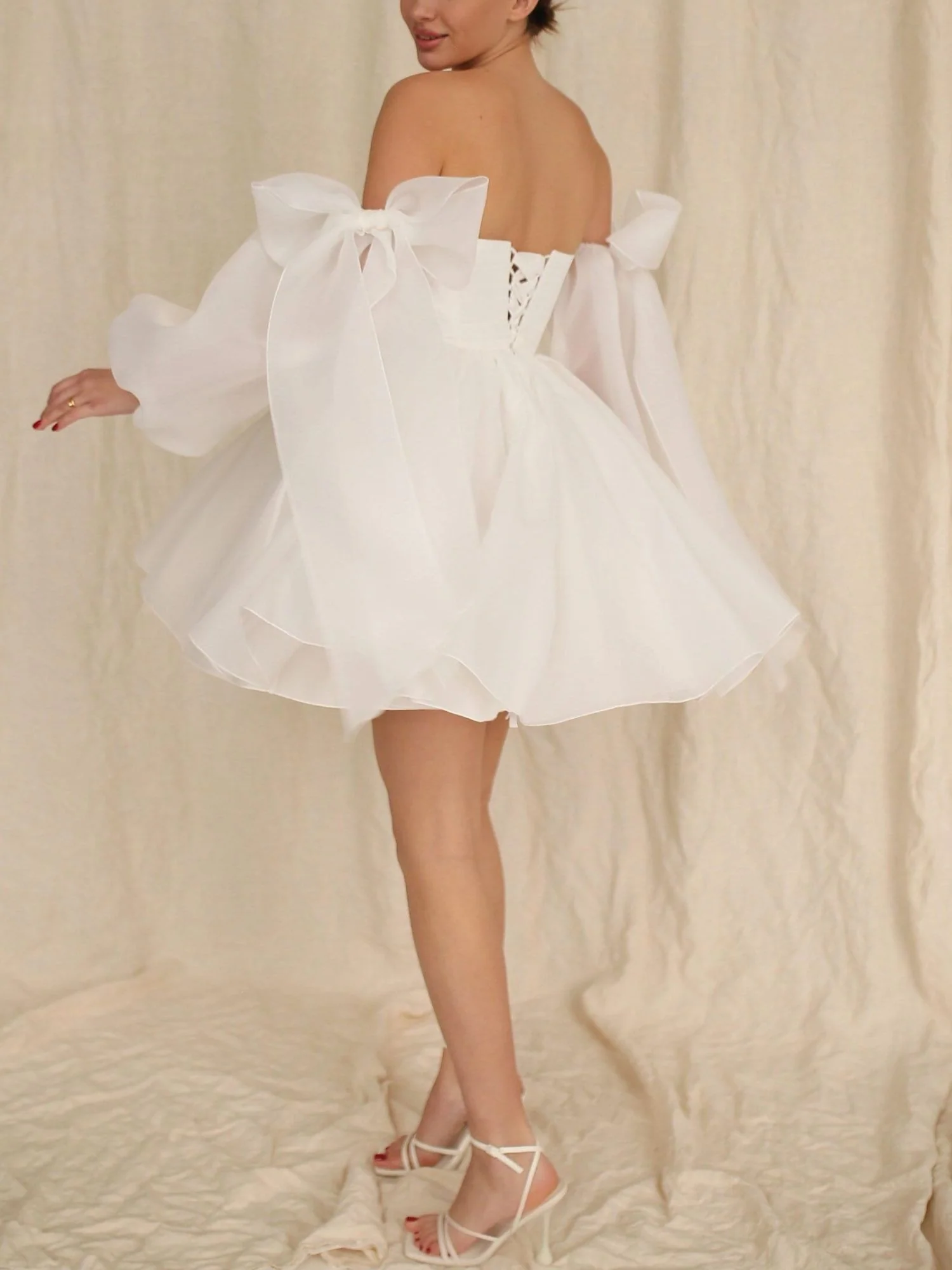 A-Line/Princess Off-The-Shoulder Bow Long Sleeves Mini Wedding Dress - QUGEX