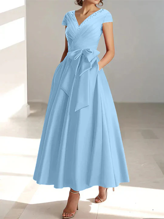 A-Line/Princess V-Neck Short Sleeves Ankle-Length Mother of the Bride Dresses With Pockets & Ruffles - QUGEX