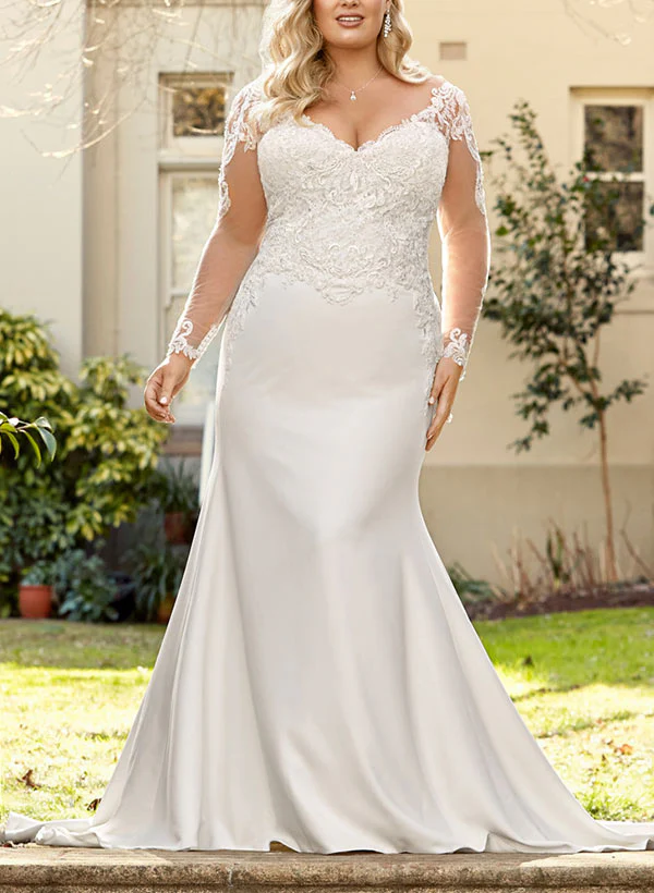 Trumpet/Mermaid V-Neck Long Sleeves Plus Size Lace Wedding Dress with Applique - QUGEX