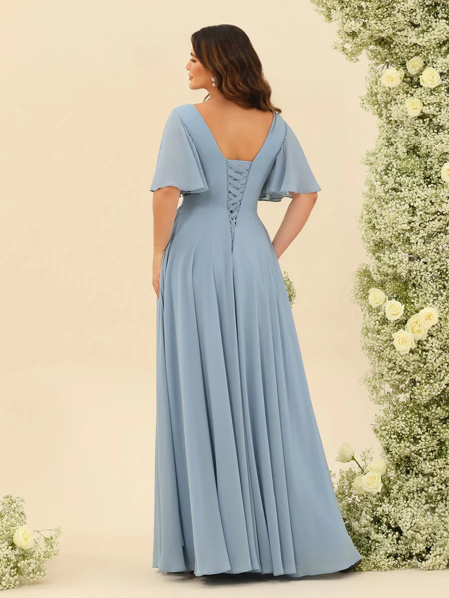 A-Line V-Neck Half Sleeves Plus Size Chiffon Bridesmaid Dresses With Split Side - QUGEX