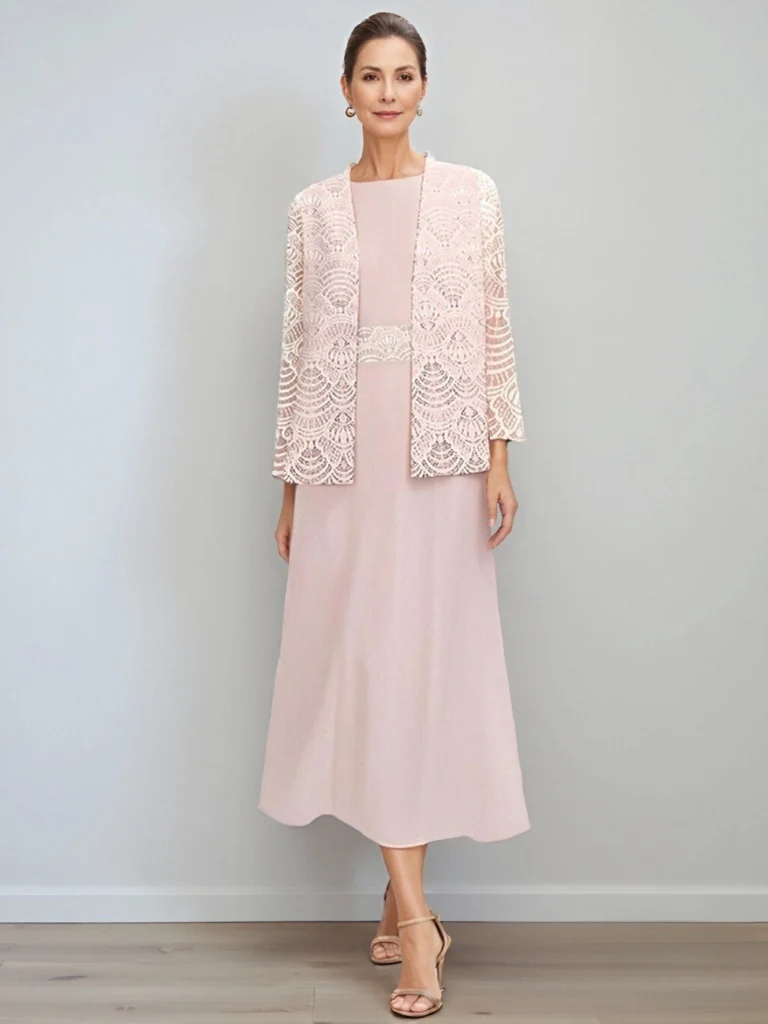 A-Line/Princess Jewel Neck Tea Length Mother of the Bride Dresses with Jacket & Lace - QUGEX
