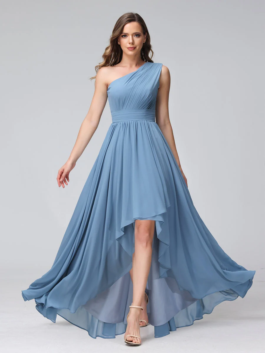 A-Line/Princess One-Shoulder Sleeveless Asymmetrical Bridemaid Dresses with Pockets - QUGEX