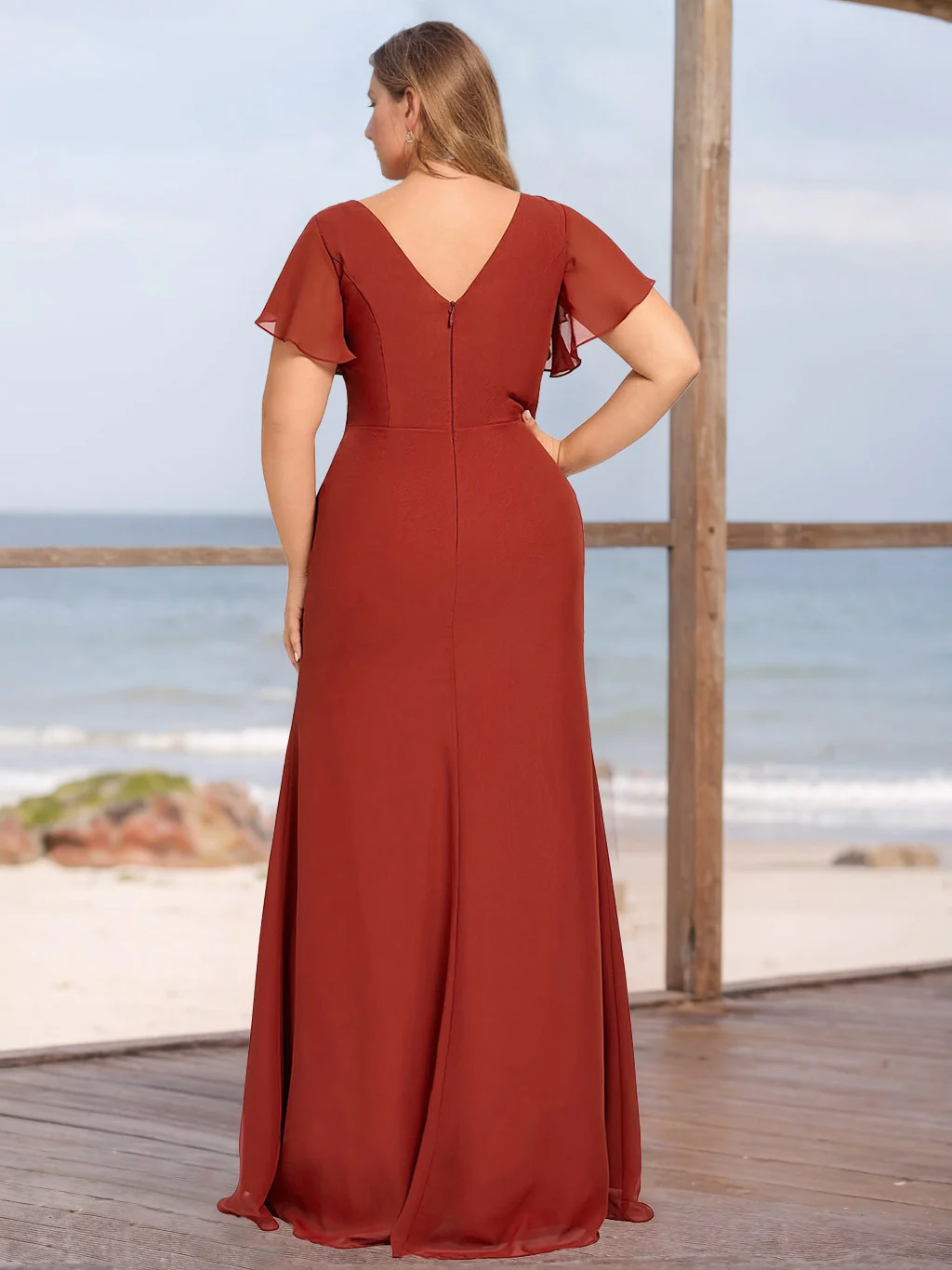 A-Line/Princess V-Neck Short Sleeves Plus Size Bridesmaid Dresses with Ruffles & Split Side - QUGEX