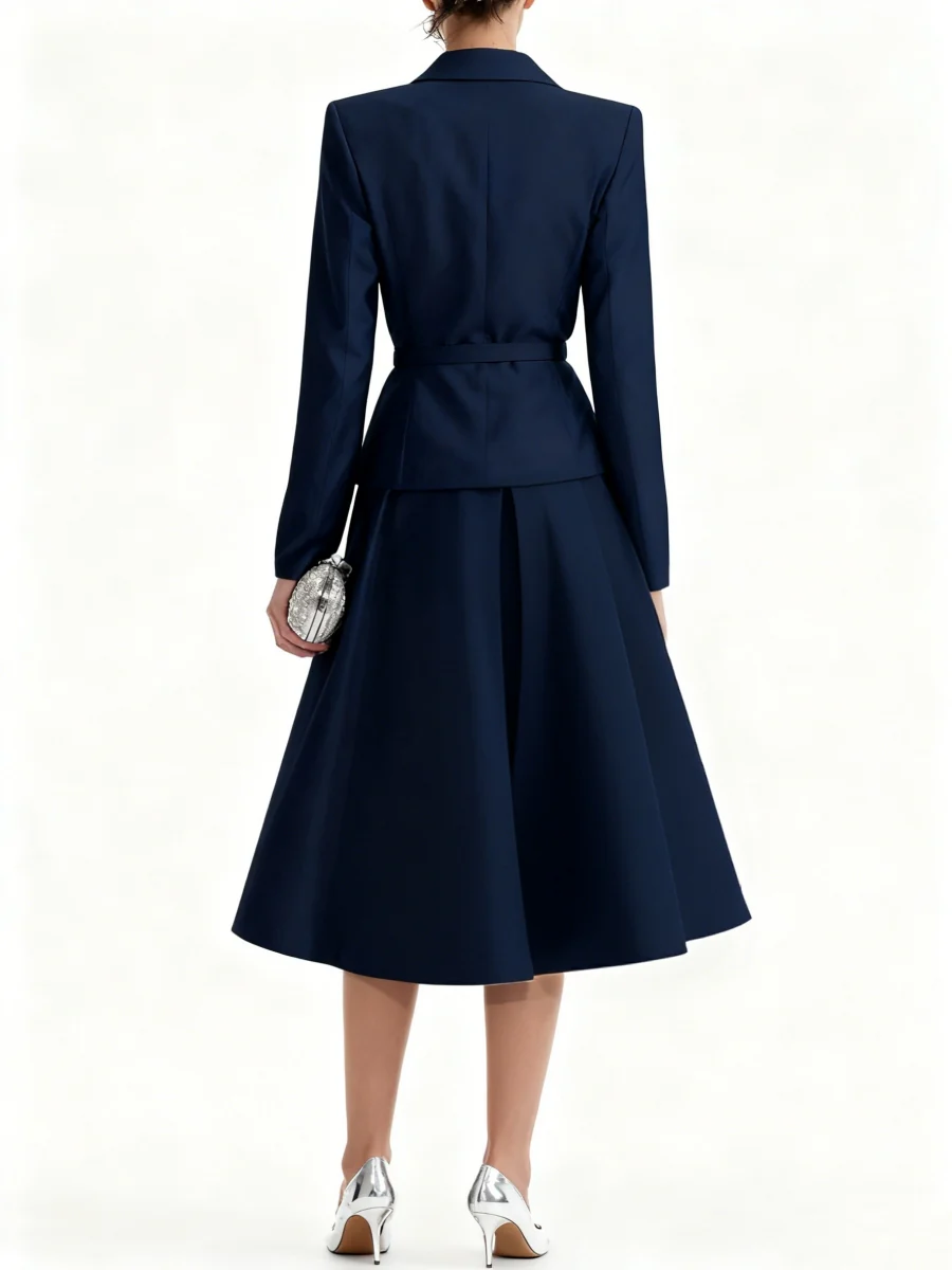 A-Line/Princess V-Neck Mother of Bride Dresss Blazer Long Sleeves Tea-Length Belt Satin - QUGEX