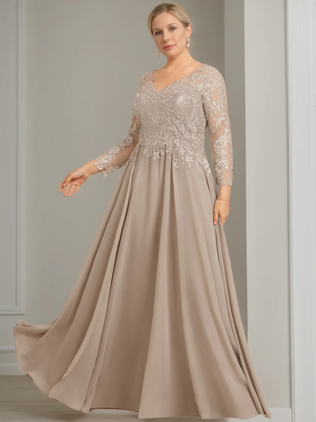 A-Line/Princess V-Neck 3/4 Length Sleeves Floor-Length Plus Size Mother of the Bride Dresses with Sequins - QUGEX