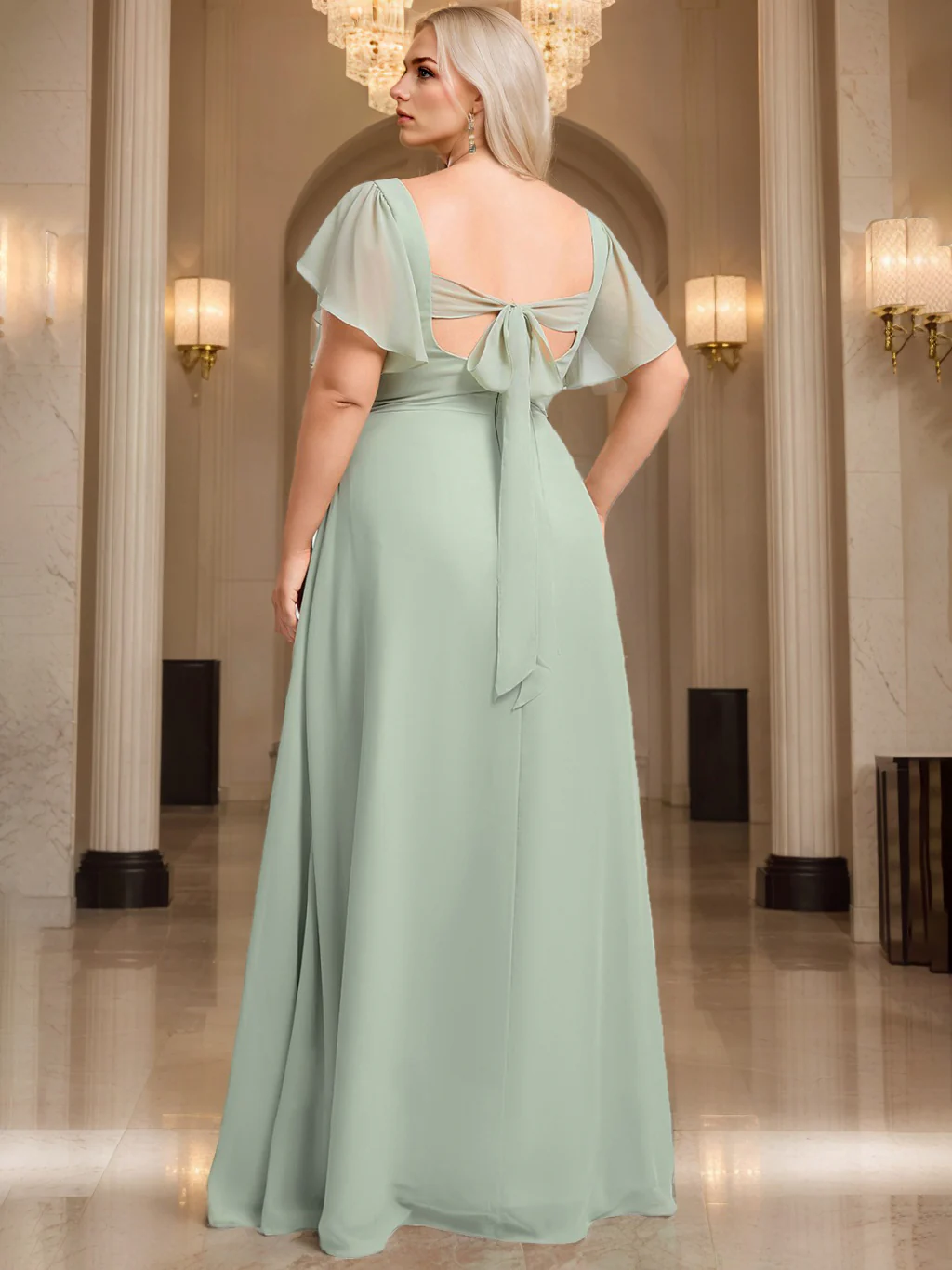 A-Line/Princess V-Neck Short Sleeves Floor-Length Chiffon Plus Size Bridesmaid Dresses - QUGEX