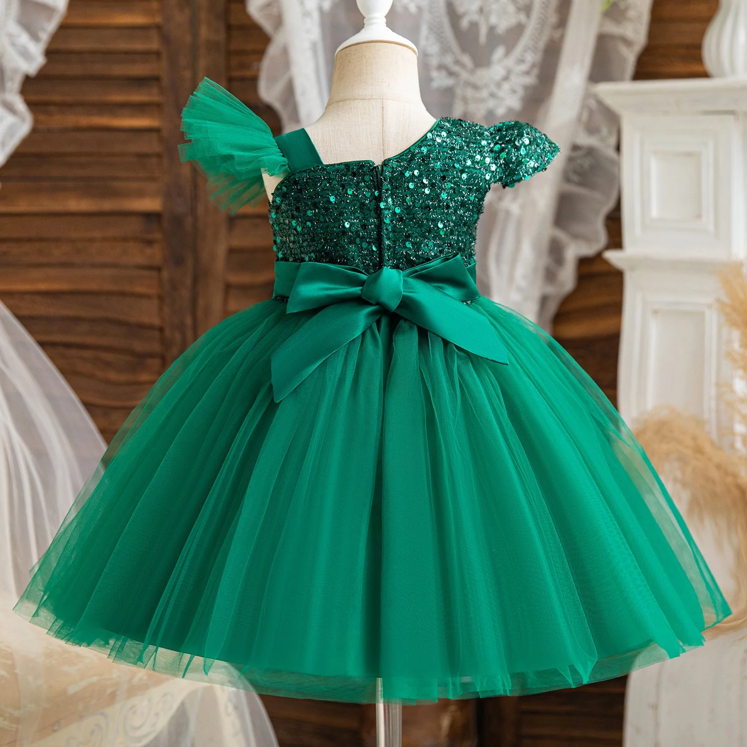 Ball-Gown One-Shoulder Short Sleeves Knee-Length Flower Girl Dress with Lace,Sequins & Bowknot - QUGEX