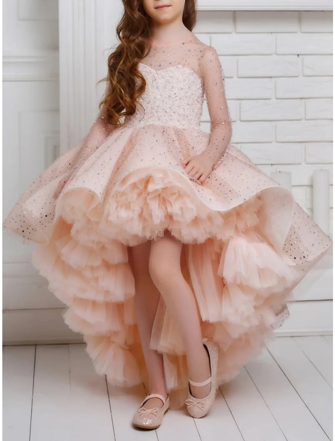 A-Line/Princess Asymmetrical High Low Flower Girl Dresses with Beading - QUGEX